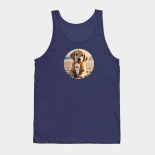 Cute Golden Retriever Puppy on a Beach With Ice Cream Tank Top